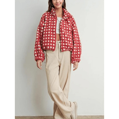 Q 90966 Sheep Wool Plaid Coat 羊羔毛格子外套跨境速卖通亚