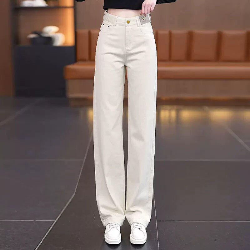 米白色纯棉软牛仔直筒裤女2026新款春秋冬女裤加绒宽松窄版阔腿裤