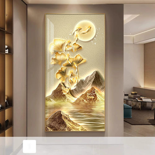 轻奢高级感银杏叶玄关装饰画九鱼图入户画正对门客厅走廊过道挂画