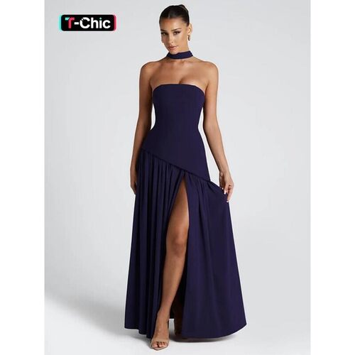 Womens Plain Split Thigh Tube Dress with Scarf Elegant