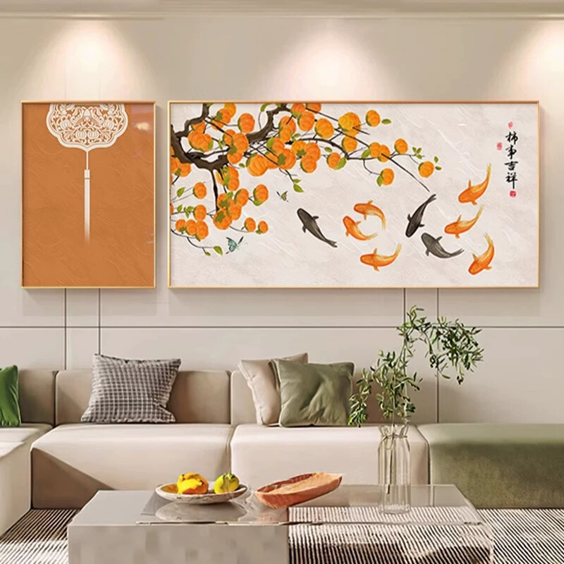 暖橙色系客厅装饰画柿柿如意油画高级感沙发背景墙挂画好寓意壁画