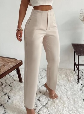 Womens HighWaist StraightLeg Pants Elegant Dark Blue