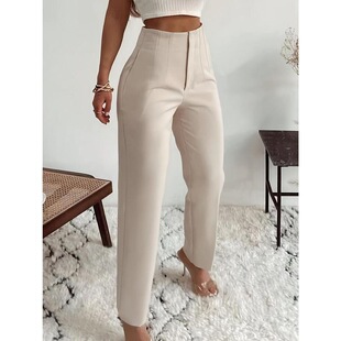 Womens HighWaist StraightLeg Pants Elegant Dark Blue