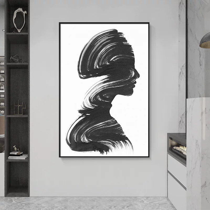 黑白灰风格抽象艺术人物挂画发廊壁画网红理髲店美发店墙面装饰画