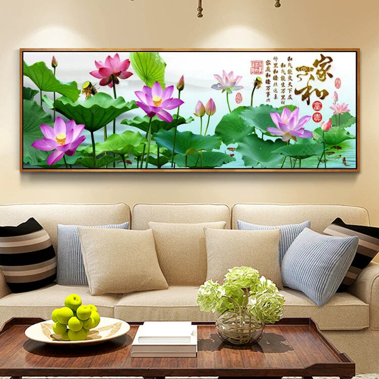 中国风客厅沙发背景墙上装饰画招财荷花九鱼图挂画壁画横版晶瓷画