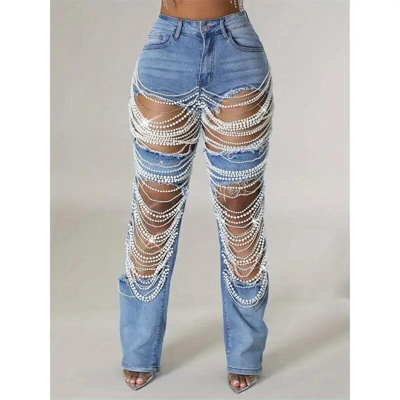 Straight Leg Jeans for Women MidRise Distressed Ripped Hole图片