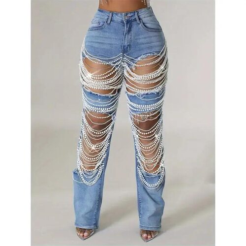 Straight Leg Jeans for Women MidRise Distressed Ripped Hole