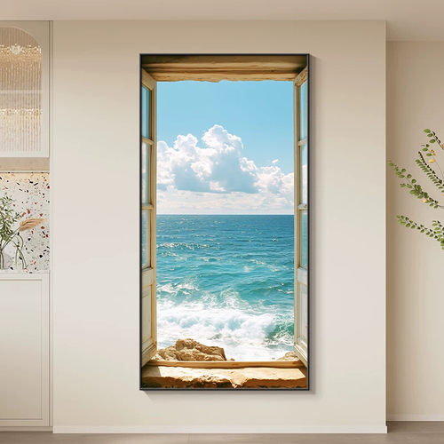 假窗户客厅玄关装饰画大海风景走廊过道正对门挂画高级感简约壁画