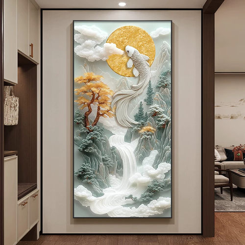 锦鲤鱼跃龙门入户门挂画流水生财玄关装饰画山水走廊壁画