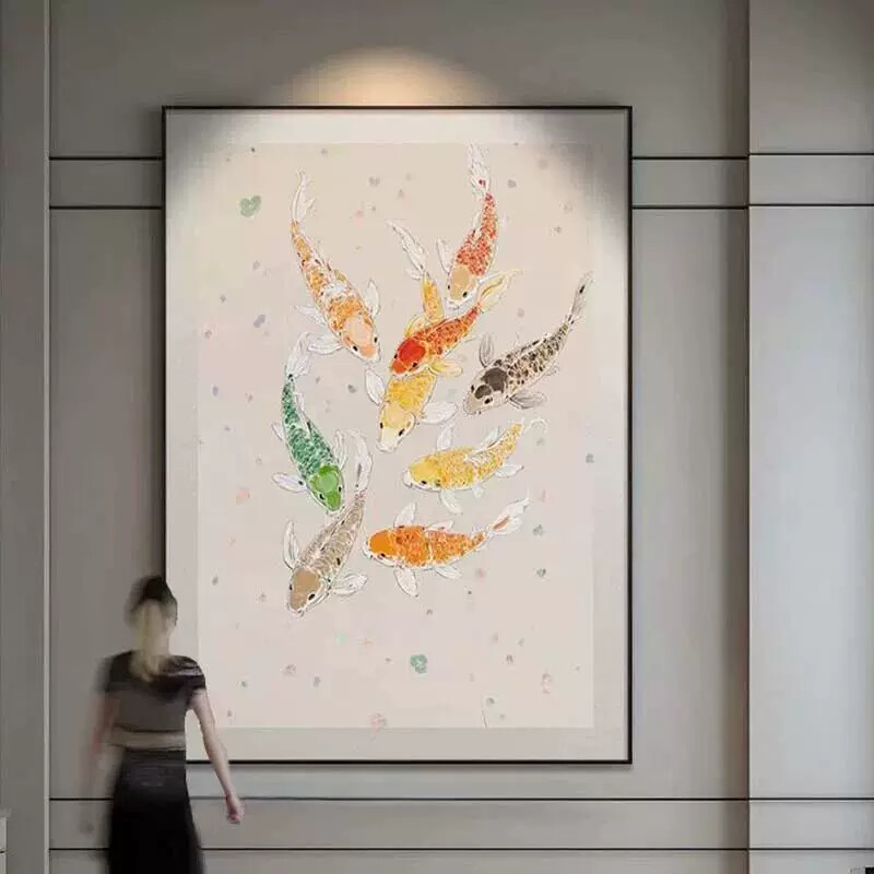 宋代风格九鱼图挂画 新中式锦鲤装饰画 铝合金框高质感办公室壁画