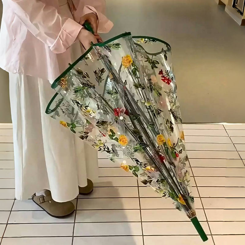 雨伞透明高颜值花朵纤细弯柄伞长柄伞半自动直杆伞弯柄大伞面雨伞