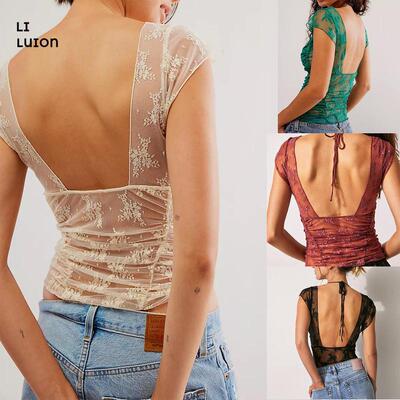 Women Basic Floral Lace TShirts Backless Summer Cap Sleeve