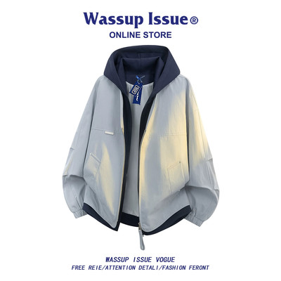 WASSUP ISSUE美式复古假两件连帽大码夹克男款春秋新款冲锋外套男