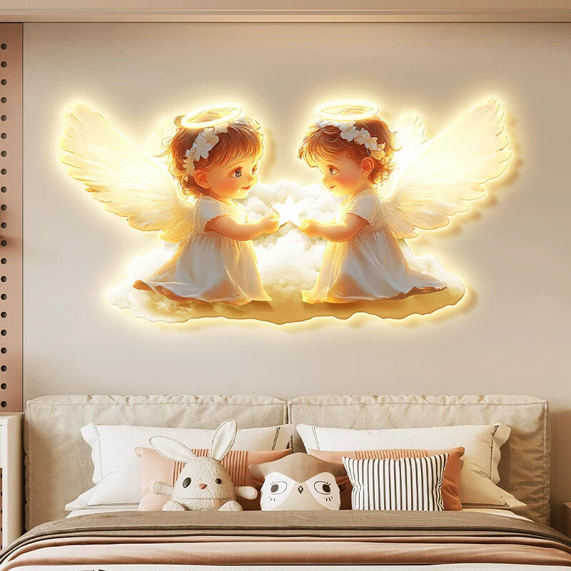 奶油风天使儿童房装饰画卡通女孩卧室房间壁画床头背景墙带灯挂画