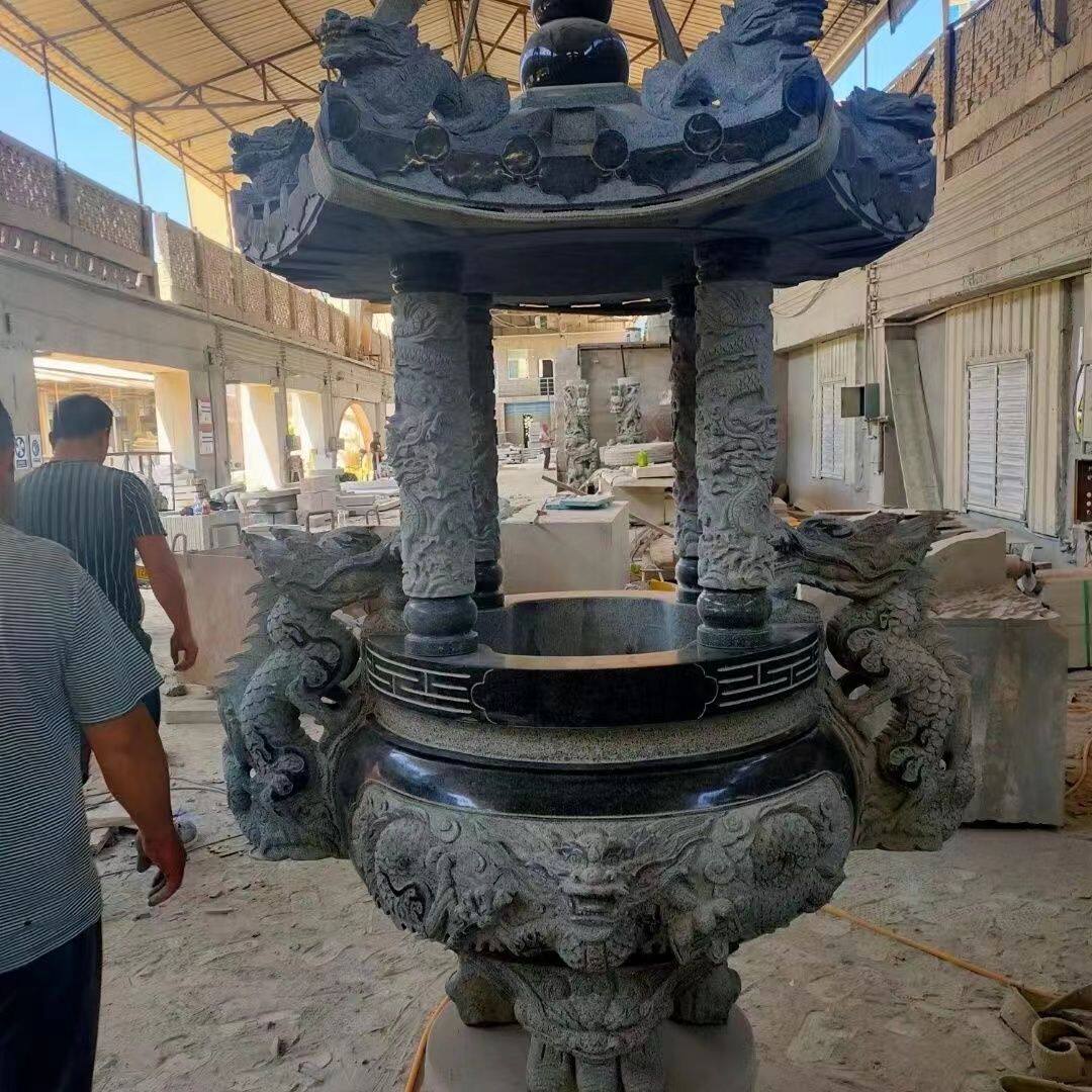 惠安石雕香炉天然青石手工雕刻双龙带盖招财香炉寺庙祠堂古建石鼎