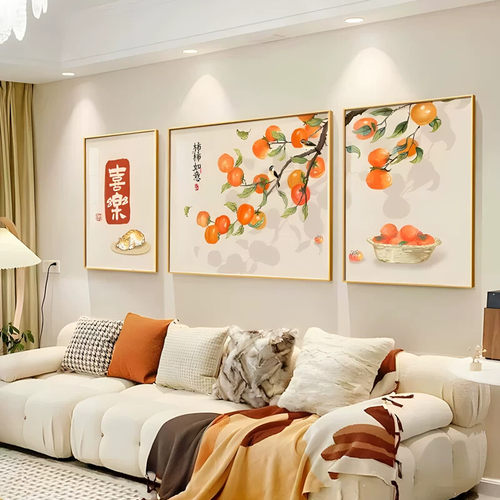 客厅装饰画新中式现代简约沙发背景墙挂画三联晶瓷画平安喜乐壁画