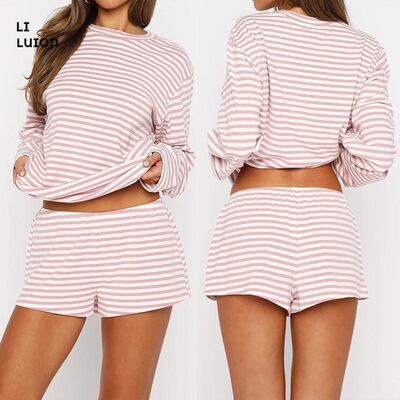 Women Y2K Striped 2 Piece Outfit Oversized Long Sleeve Top