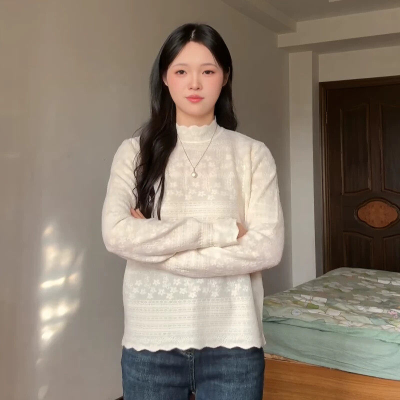 大码小香风蕾丝半高领毛衣女春季气质花边米色针织打底衫内搭上衣