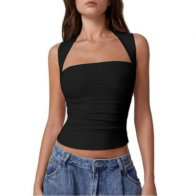 Y 88327 Square Neck Ruched Tight Sleeveless Vest 方领褶皱紧