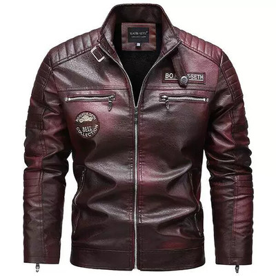 Men's Wine Red PU Leather Motorcycle Jacket Quilted Details