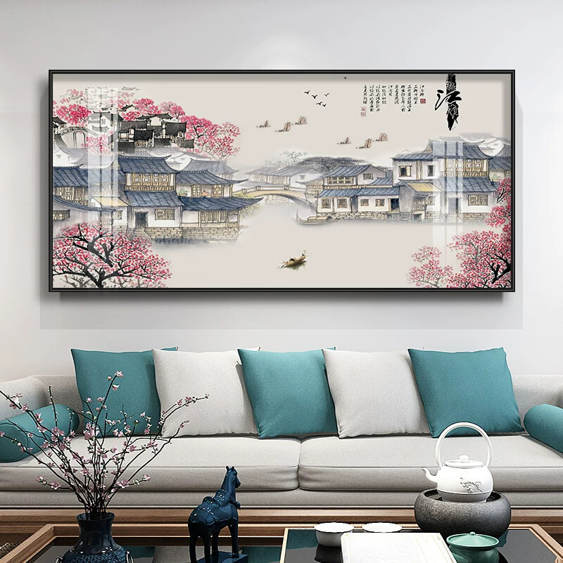 江南水乡水墨山水画新中式客厅沙发背景墙装饰画餐厅风景挂画壁画