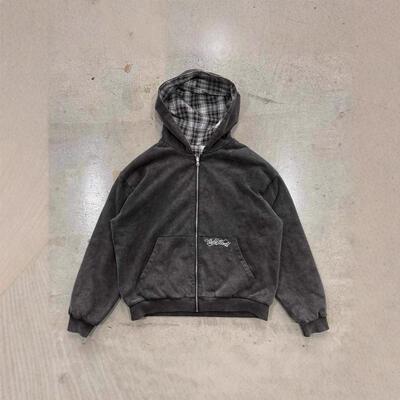 Street hooded sweater jacket autumn loose plaid splicing