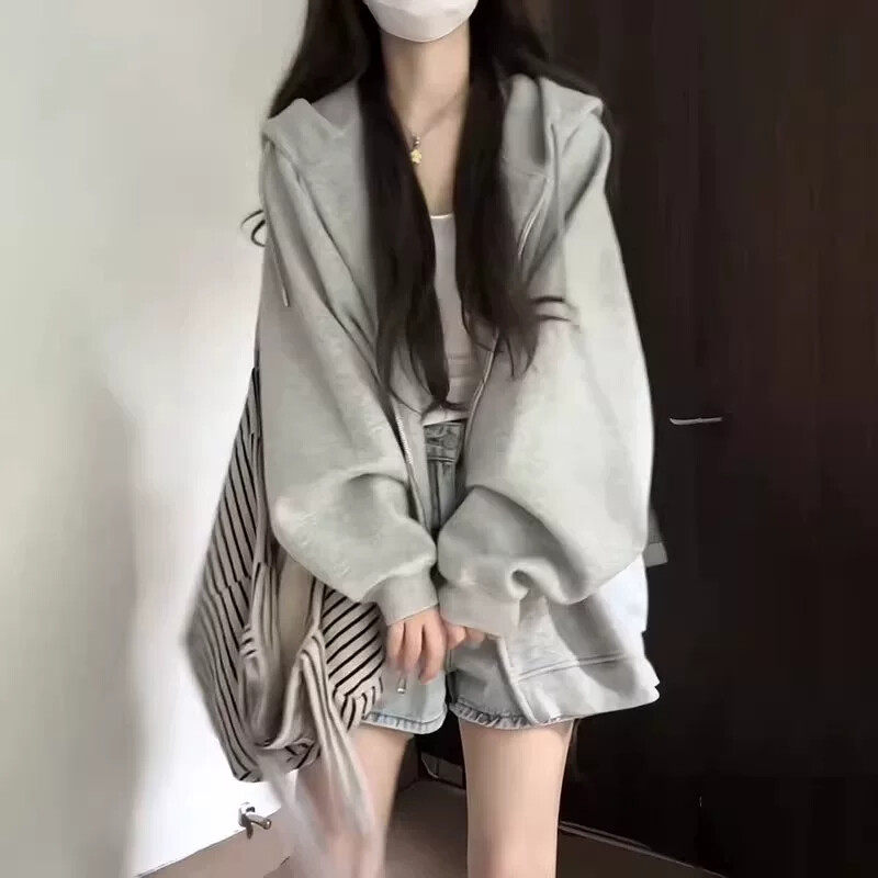 灰色卫衣女2026新款春秋宽松慵懒风韩系chic学生拉链长袖连帽外套
