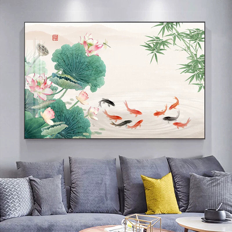 新中式荷花九鱼图装饰画客厅横版沙发背景墙挂画鲤鱼荷叶莲花晶瓷