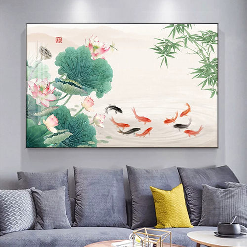 新中式荷花九鱼图装饰画客厅横版沙发背景墙挂画鲤鱼荷叶莲花晶瓷