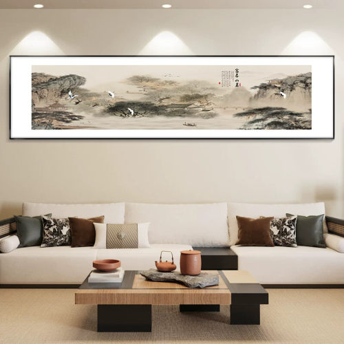 流水生财山水画客厅挂画长条横幅茶室壁画新中式装饰画办公室字画