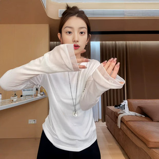 大码女装白色欧根纱圆领长袖打底衫春季胖mm修身显瘦面膜上衣t恤