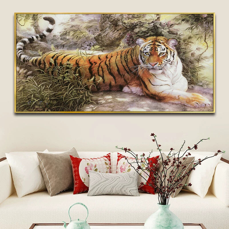 国画中式壁画客厅挂画老虎装饰画上山虎猛虎下山虎图横画单幅风水