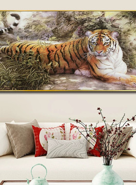 国画中式壁画客厅挂画老虎装饰画上山虎猛虎下山虎图横画单幅风水