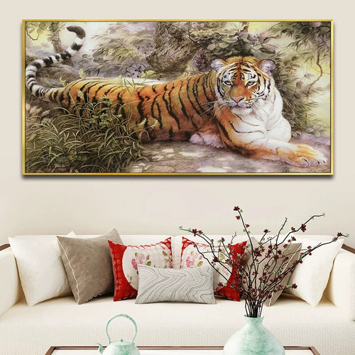 国画中式壁画客厅挂画老虎装饰画上山虎猛虎下山虎图横画单幅风水