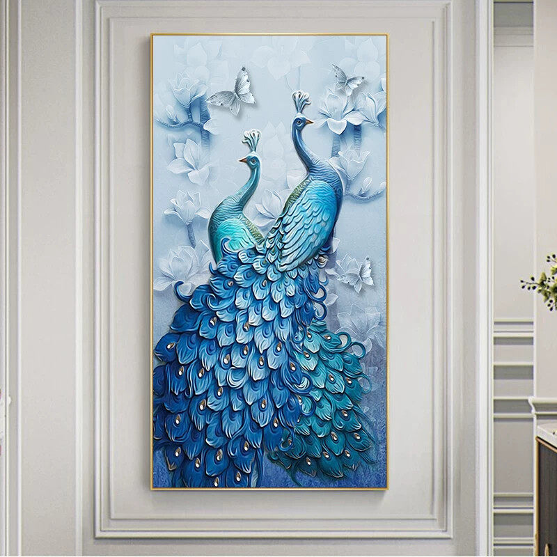 玄关孔雀竖版大壁画客厅走廊入户装晶瓷饰画现代轻奢过道水晶镶钻