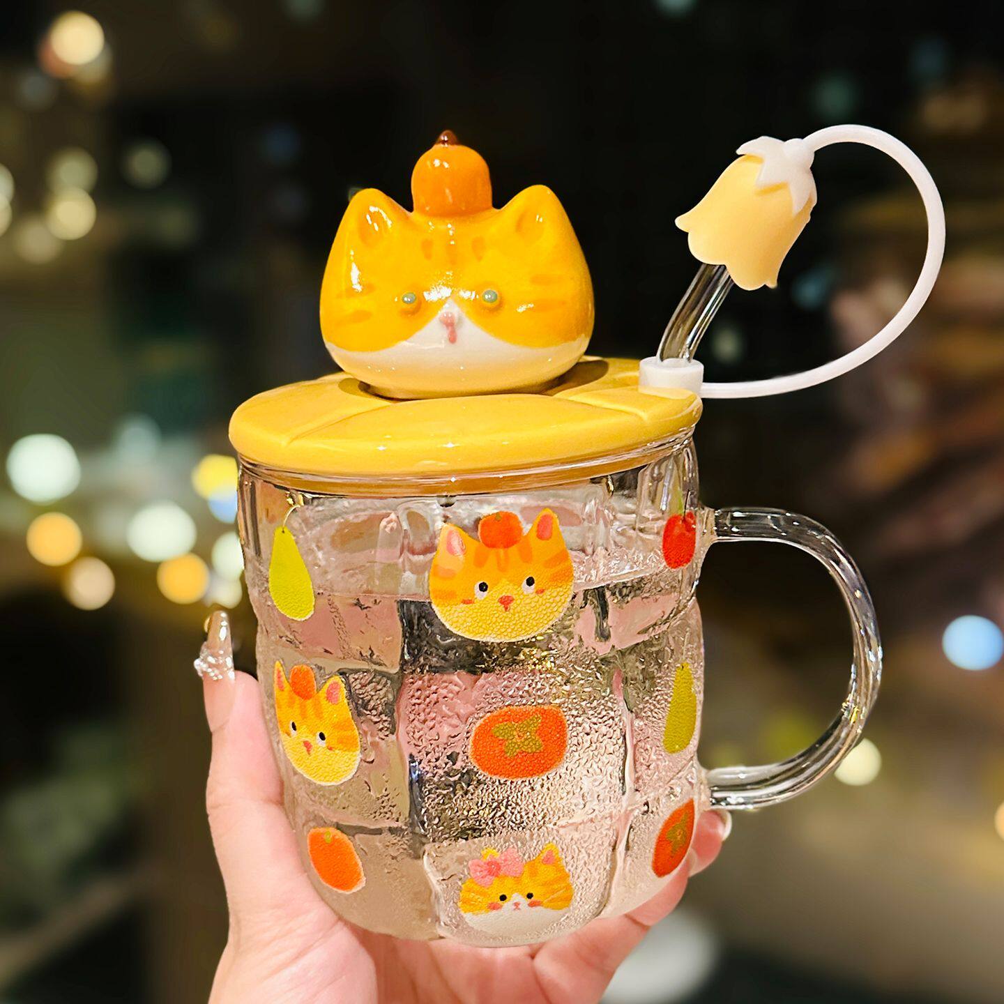 可爱猫咪耐高温玻璃杯带盖勺高颜值马克杯送女生喝茶水杯生日礼物