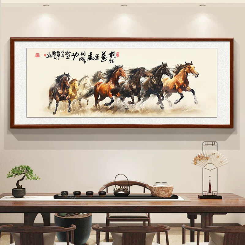 客厅壁画壁画中式新八骏图背景墙宣纸沙发挂画国画马到成功办公室