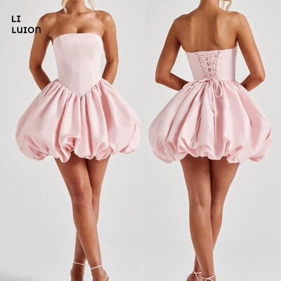 Strapless Satin Dresses For Women Puffy Short Prom Dress