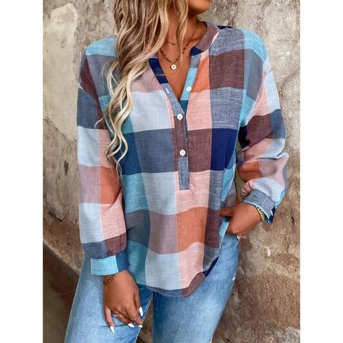M 81356 Casual Gap V Neck Plaid Shirt 缺口格子衬衫 代发
