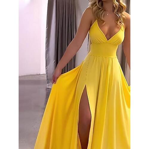 Womens Plain Criss Cross Backless Split Thigh Cami Dress