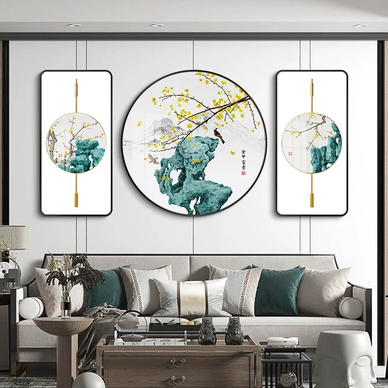 新中式客厅沙发背景墙装饰画三联画餐厅茶室挂画花鸟中国风墙壁画