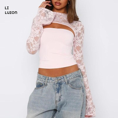 Women Patchwork Sheer Lace Cut Out Crop Top Y2k Sexy Mock