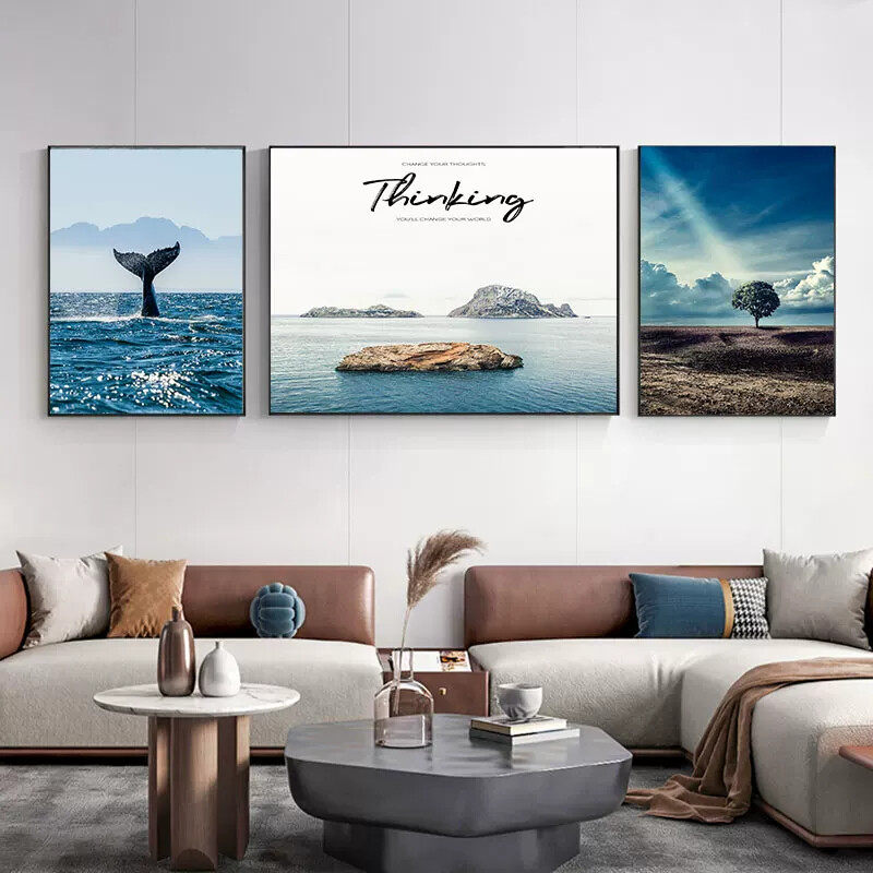 现代装饰画客厅海景壁画沙发背景墙晶瓷镶钻三联画办公室轻奢挂画
