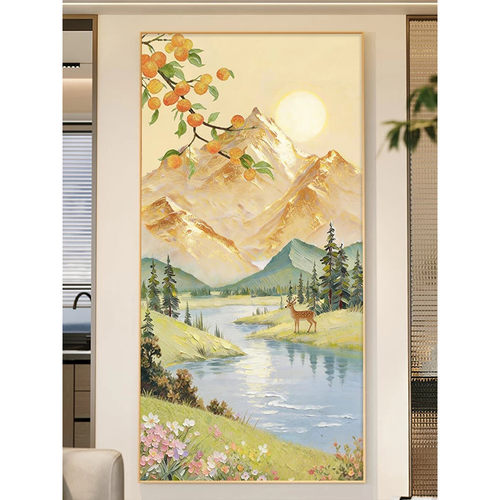 流水生财走廊装饰画客厅入户玄关挂画新中式卧室书房柿柿如意壁画
