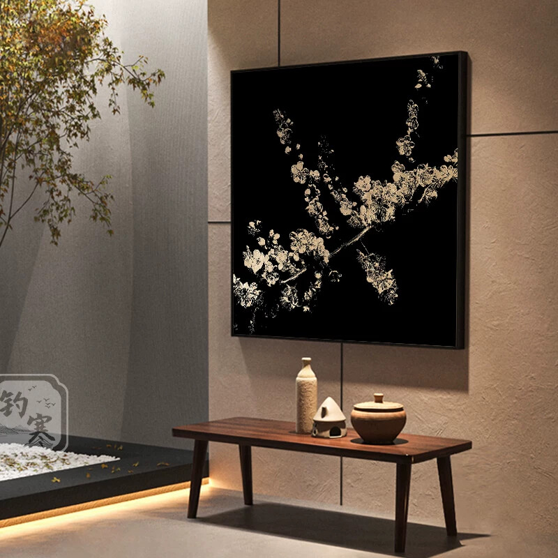 中式客厅浮雕肌理装饰画餐厅黑金高级感立体挂画梅花方形背景壁画
