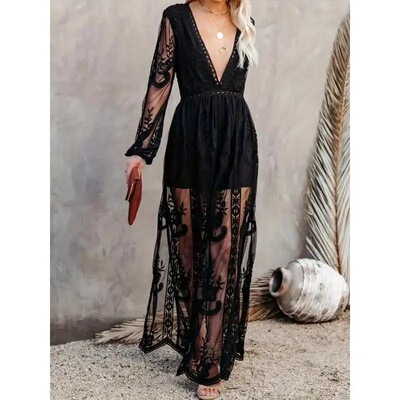 Womens Casual Boho Floral Deep VNeck Lace Romper Long