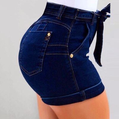 Womens casual elastic denim shorts highwaisted with folded