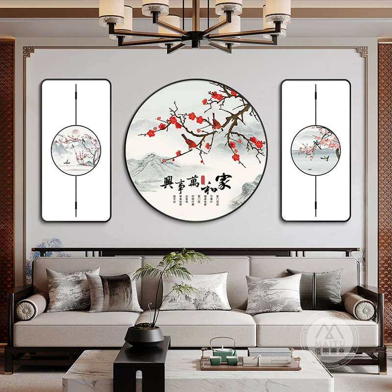 新中式客厅沙发背景墙装饰画餐厅茶室挂画中国风花鸟图壁画三联画
