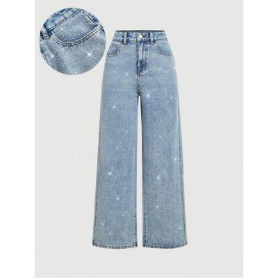 Womens Elegant HighWaisted WideLeg Jeans with Rhinestone