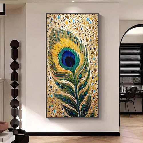 金色孔雀羽毛入户玄关装饰画高级艺术感过道壁画抽象波点走廊挂画
